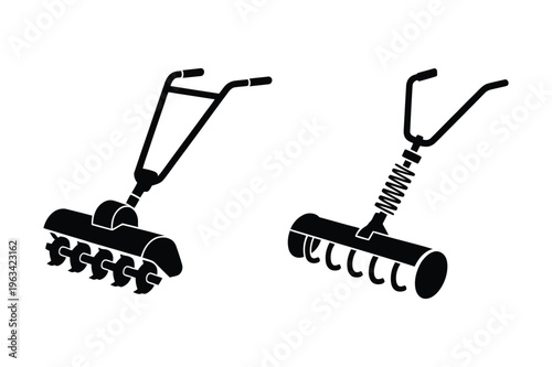 Rotary tiller and lawn aerator vector silhouettes