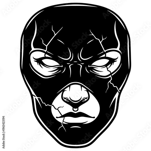 A black and white illustration of a broken wrestler mask isolated on transparent background, Vector