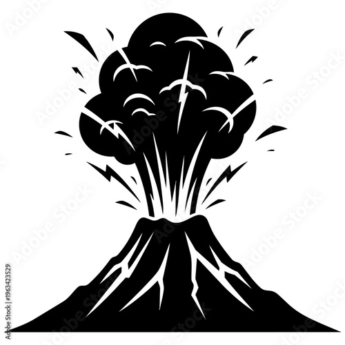 A black and white illustration of a volcanic eruption isolated on transparent background, Vector