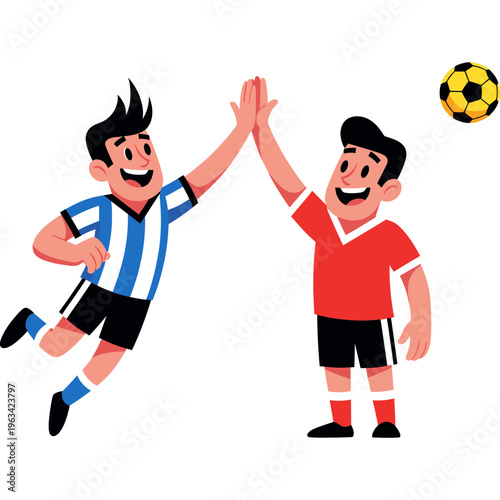 Two soccer players high-five while ball flies nearby during friendly match