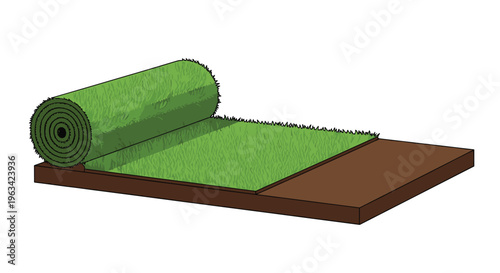 A single roll of green artificial turf is partially unrolled on a flat brown wooden surface against a plain white background.