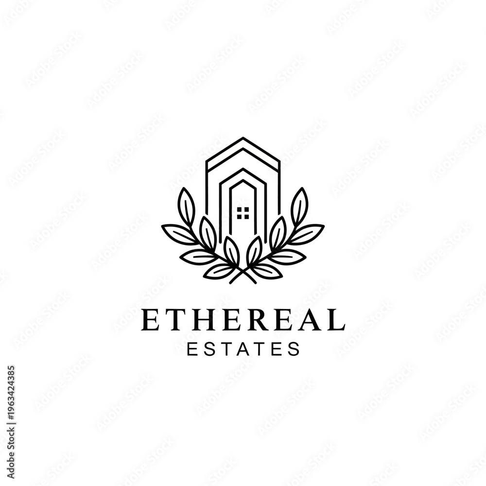 Fototapeta premium Minimalist Line Art Logo for Ethereal Estates with House and Laurel Wreath.
