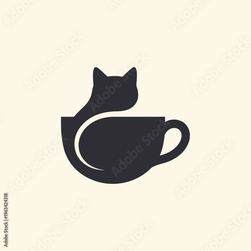 Minimalist black cat silhouette in a coffee cup logo design.