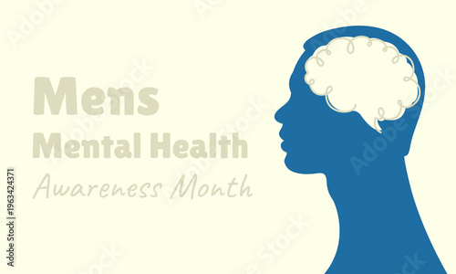 Month of raising awareness about men's mental health. Poster man and brain.