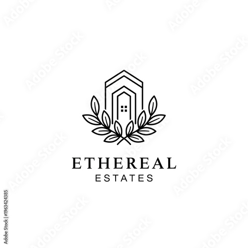 Minimalist Line Art Logo for Ethereal Estates with House and Laurel Wreath.