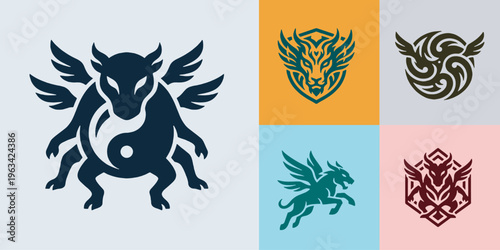 Collection of stylized mythical creatures and symbols with wings, including a yin yang dragon, a winged lion, a griffin, and abstract designs.