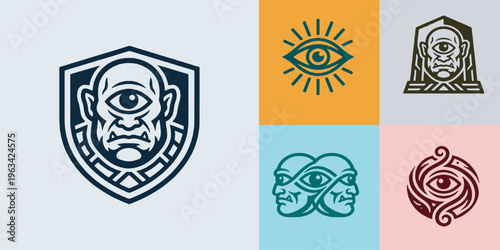 Collection of stylized cyclops and eye emblems, representing mythology, mystery, and perception.