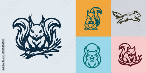Collection of stylized squirrel illustrations in various poses and colors, perfect for logos and graphic design elements.