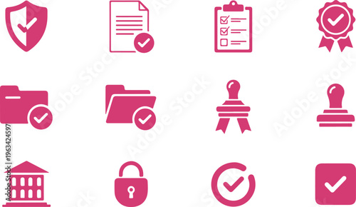 Set of flat design icons representing compliance security verification and official approval processes isolated on transparent background