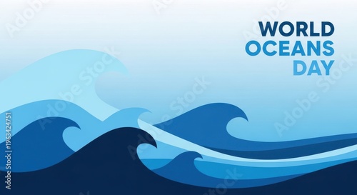 World oceans day banner with stylized blue ocean waves on a gradient background