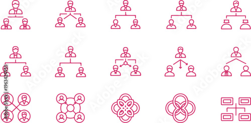 Various family and organizational structure icons showing different types of hierarchical relationships and connections isolated on transparent background