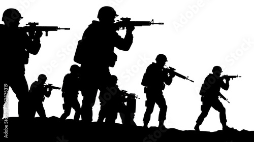 A collection of soldiers in various stances depicted as a striking black silhouette high quality professional