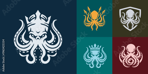 Collection of stylized octopus logos with crowns and shields, representing power and marine life.