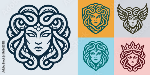 Collection of stylized mythological female heads, including Medusa, a winged warrior, and a queen, presented in a modern line art style.