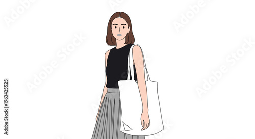 A young woman with short brown hair wears a black sleeveless top and gray pleated skirt while carrying a white tote bag.