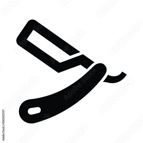 Minimalist silhouette of a Barber’s Straight Razor open at a 90-degree angle. isolated on White Background