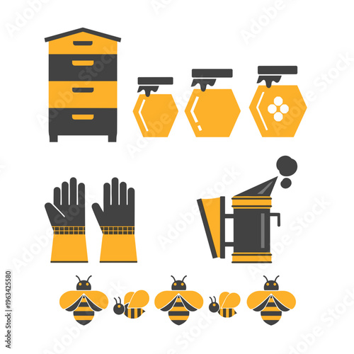 Beekeeping equipment icons with hive and gloves