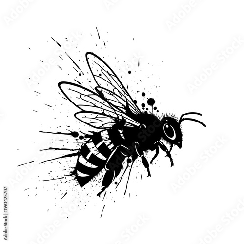 Artistic ink splatter bee illustration