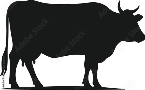 Black cow silhouette vector illustration, farm animal profile standing on white background, dairy cattle isolated design for agriculture, livestock.