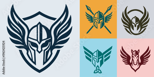 Collection of stylized warrior helmets with wings, shields, and a winged horse emblem.