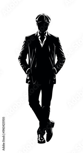 Black silhouette of a man in a suit and cap standing confidently with hands in pockets