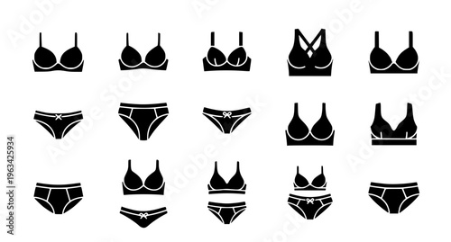 Ladies undergarments icon set with bra and panties vector flat minimal fashion symbols isolated on white

