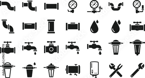 Black and white icon illustration featuring plumbing components including pipes, valves, gauges, faucets, water droplets, filters, heater, and wrenches representing water supply, flow control, and 