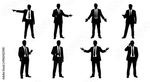 Silhouettes of businessmen in various poses with open hand