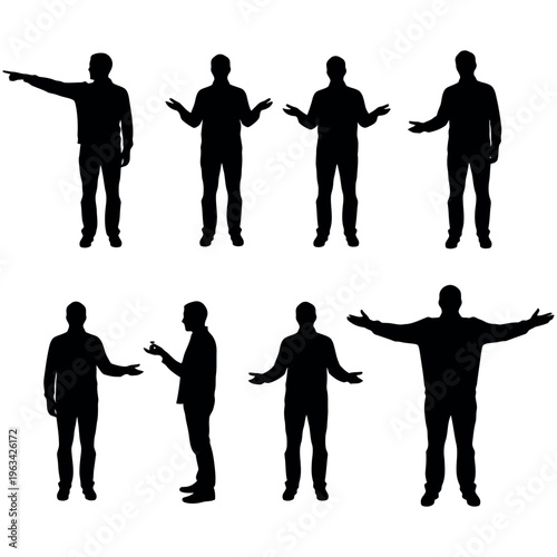 Set of eight black silhouette men in various poses