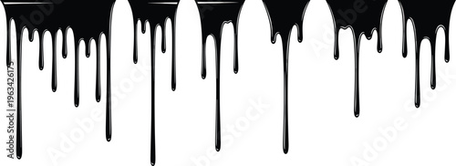 Black Dripping Liquid Paint Vector Border Set Featuring Ink Splatter Slime and Oil Drop Effect for Edgy Creative Graphic Design