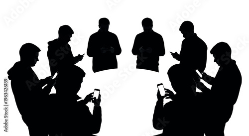 Silhouettes of people sitting in a circle using their smartphones