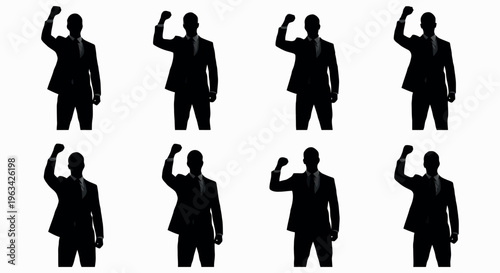 Silhouettes of businessmen in various poses with fists raised