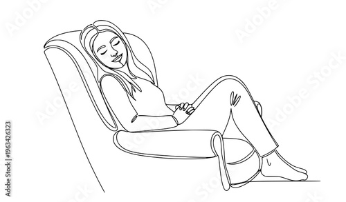 Girl sitting in armchair relaxing continuous line lifestyle vector illustration isolated on white background