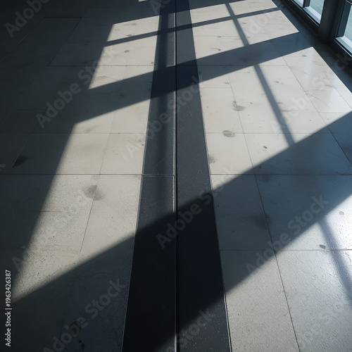 A dramatic split path with contrasting light and dark shadows on a modern surface