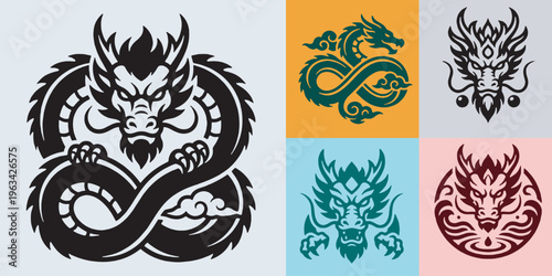 Collection of stylized dragon illustrations in various colors and poses, representing mythical creatures and cultural symbols.