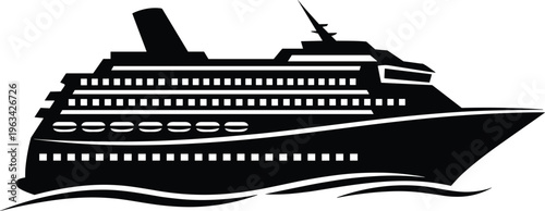 Cruise ship silhouette, ocean liner, maritime travel, nautical tourism, sea voyage, passenger vessel, black illustration, waves, transport, holiday design