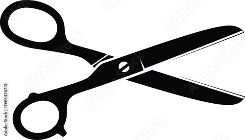 Black scissors silhouette icon, open tailor shears vector, professional sewing tool, barber shop equipment, office stationery isolated on white background, haircut.