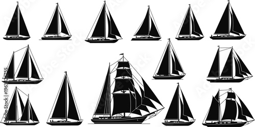 Set of sailboat silhouettes, nautical vessel icons, yachting and maritime transport symbols, sailing ship vector illustrations, ocean regatta travel graphic elements, isolated, sea.