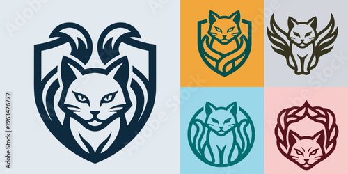 Collection of stylized cat logos and emblems featuring shields, wings, and wreaths.