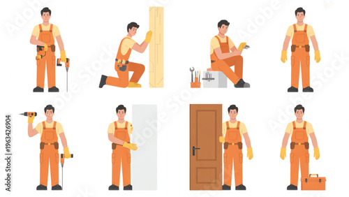 Illustrated collection of people in various orange outfits performing different activities