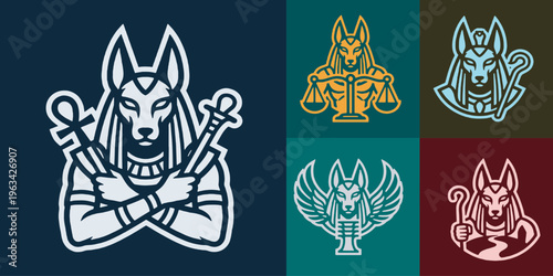 Collection of Egyptian Anubis symbols and icons in various styles and colors.