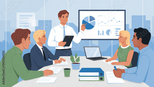 Team collaborating on a presentation during a business meeting