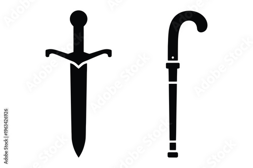 Sword and walking cane icons with walking stick