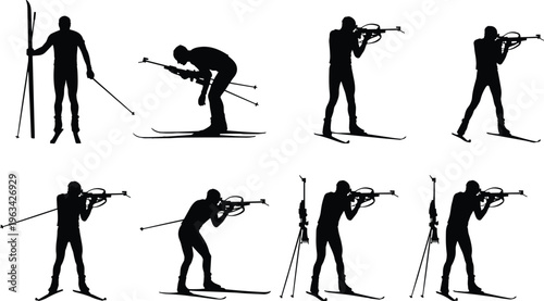 Black silhouette illustration of athletes performing biathlon activities combining skiing, rifle shooting, standing, kneeling, and dynamic movements