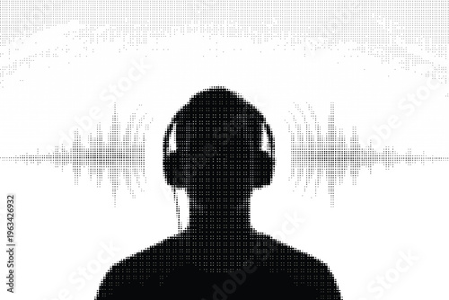 Halftone silhouette of a person wearing headphones with sound waves on white background