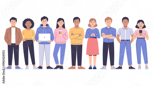 Diverse group of seven smiling people standing in a line