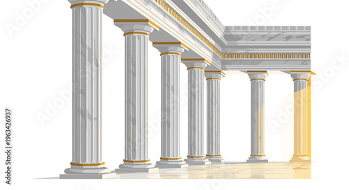 A classical colonnade with eight white marble columns and golden accents is illuminated by sunlight streaming from the right.