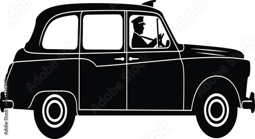 Black silhouette of a classic London taxi cab with a driver inside on white background for transportation and travel concepts
