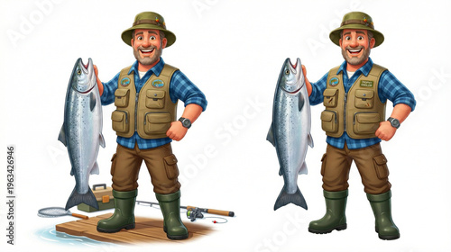 Successful Fisherman with Large Salmon, Standing on Dock, Vector Character