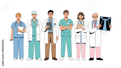 Diverse group of healthcare professionals standing together in uniforms